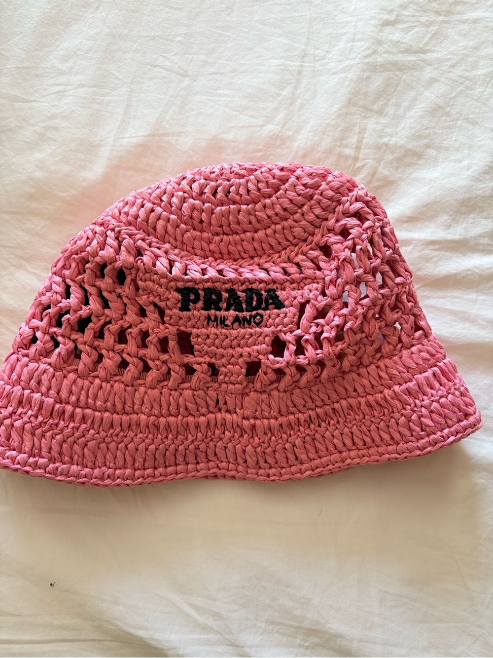 Prada Pink Crochet Raffia Bucket Hat Logo Embroidered